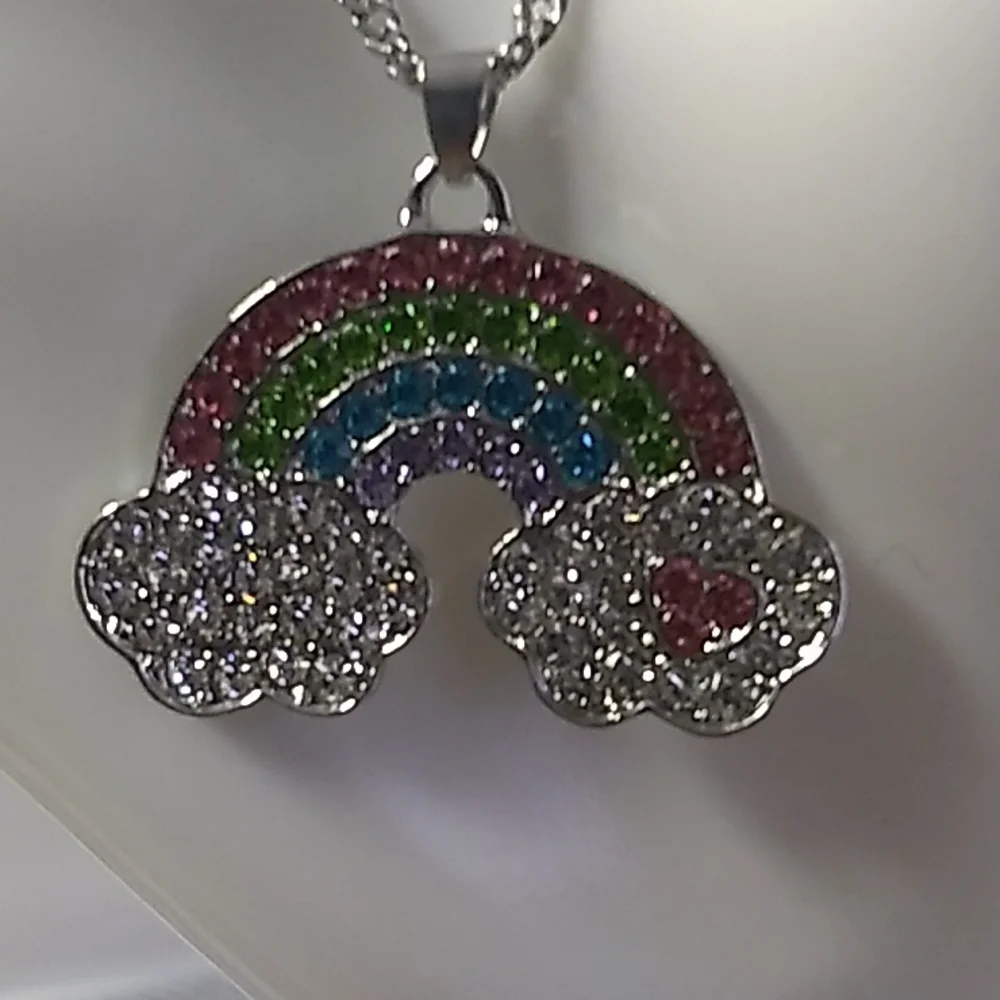 Cute Rainbow necklace Girls w Rhinestones 22 inch chain, pink, blue.